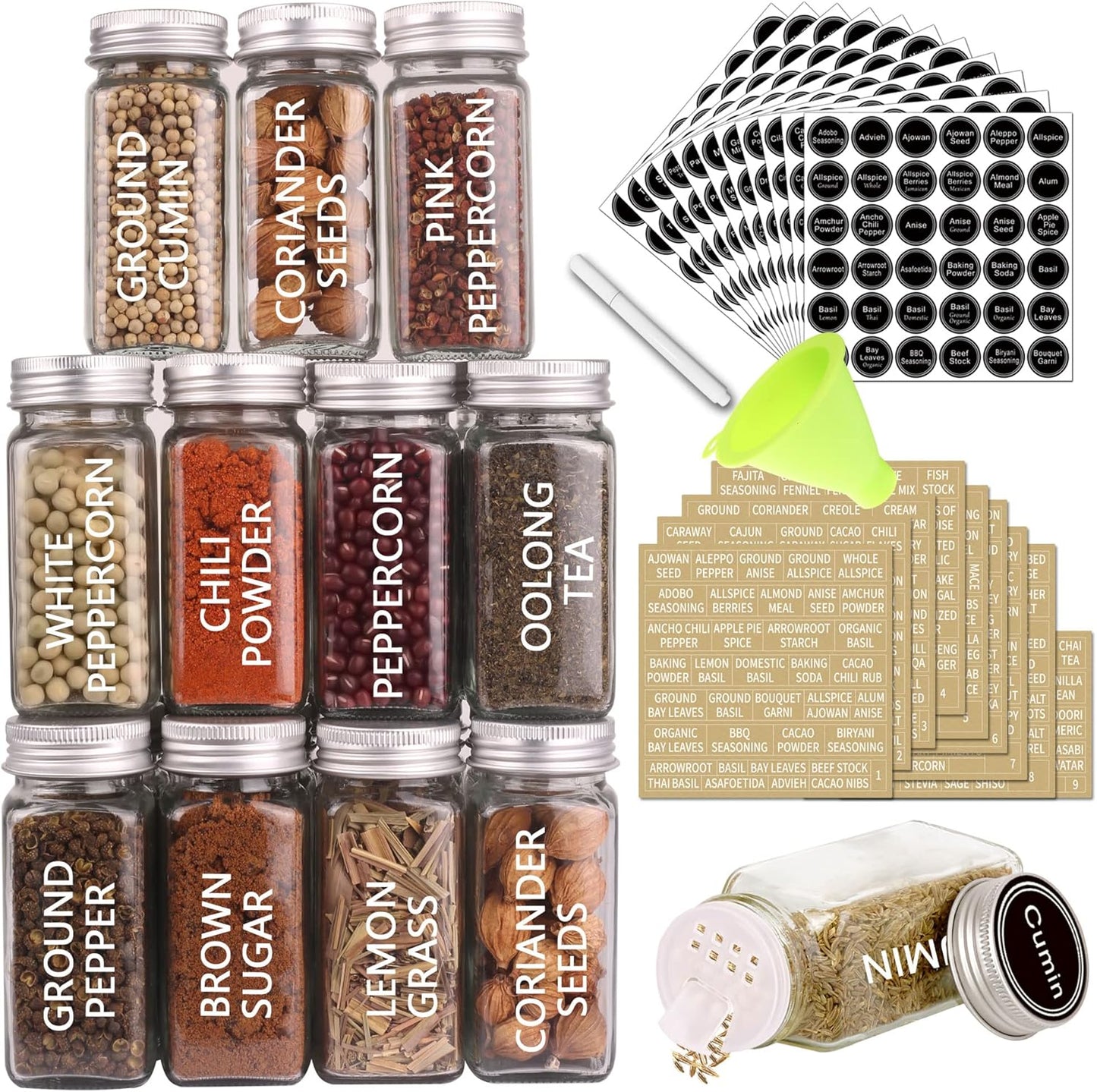 SWOMMOLY 36 Glass Spice Jars with 703 Spice Labels, Empty Square Spice Bottles 4 oz with Pour/Sift Shaker Lid, Airtight Cap, Chalk Marker and Funnel Complete Set