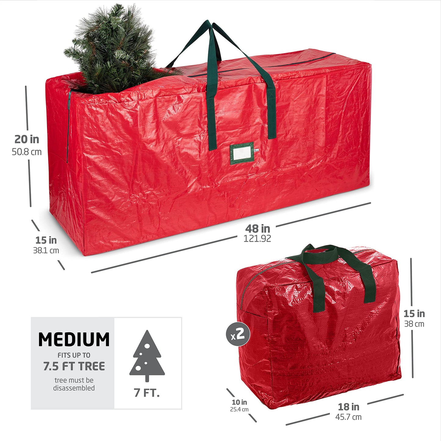 ZOBER Christmas Tree Storage Bag - With 2 Ornaments Accessories/Garland Bags - Fits 7.5 Ft Trees - Plastic, Waterproof Christmas Tree Bag For Storage Box For Xmas - Strong, Durable Handles - Red