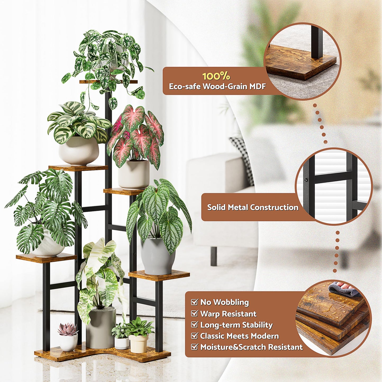 NQW 5 Tier Corner Plant Stand Indoor Wood, Metal Plant Shelf Outdoor, Tall Plant Stands Plant Tables Indoor Plant Rack Tiered Plant Stand Garden Accessories for Balcony Patio -BlackSquare