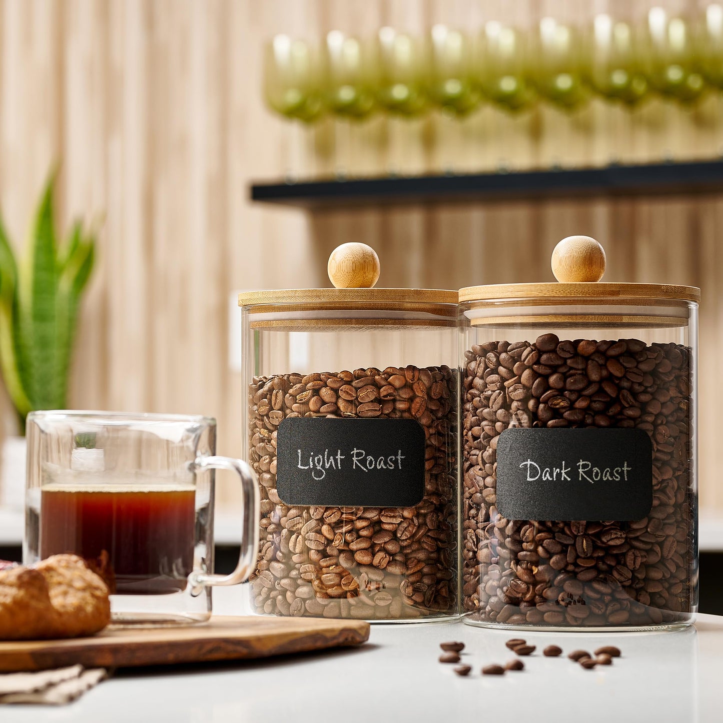 Le'raze 1 Gallon Glass Canister Set for Kitchen Counter with Airtight Bamboo Lids + Marker & Labels - of 2 Large Cookie Jars Wooden Lid, Food Storage Containers Pantry, Flour, Sugar, Pasta, Candy,