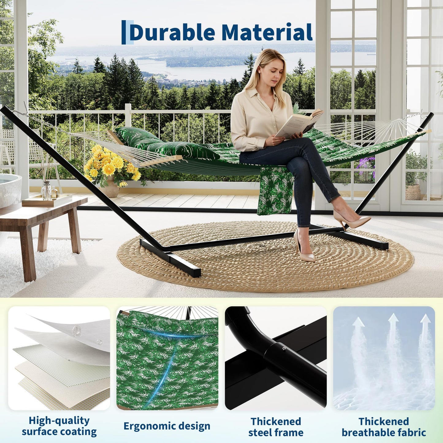 Garvee 2 Person Outdoor Hammock with Stand, Heavy Duty Portable Double Hammock with Balance Rope, MAX 450 LBS Capacity for Patio, Backyard, Garden, Beach
