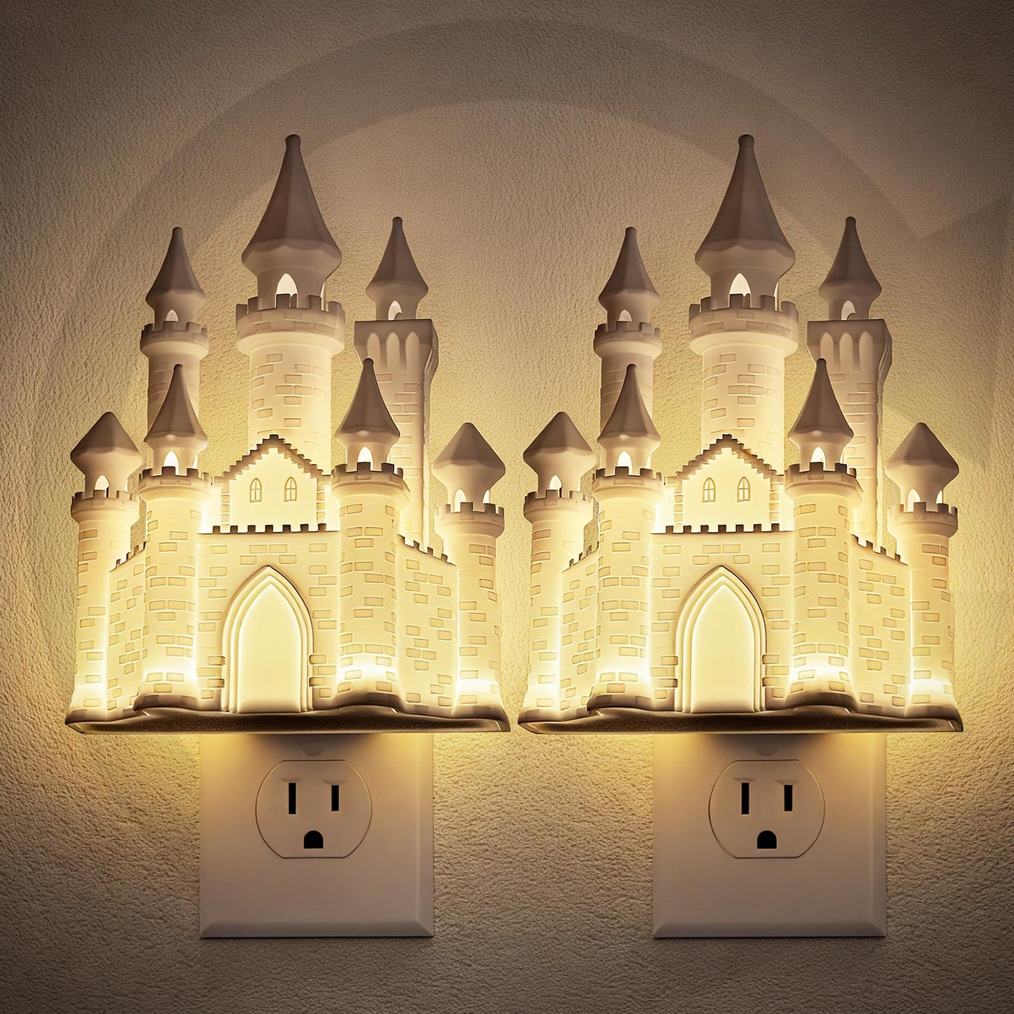 JandCase Night Lights Plug into Wall,2 Pack 3D Printed Castle Night Light,3000K Plug in Nightlight with Dusk to Dawn Sensor,0-100LM Adjustable Brightness for Rooms Bathroom Hallway