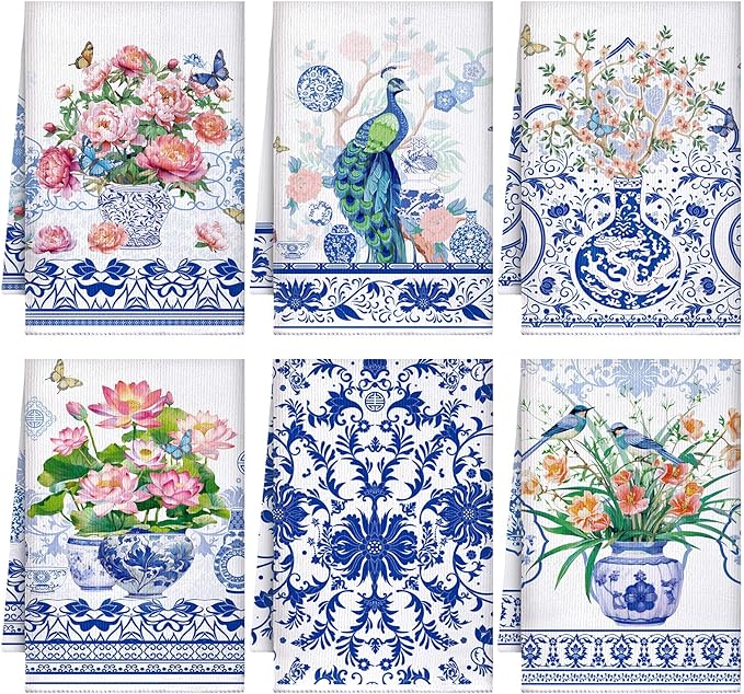 Geyoga 6 Pcs Spring Floral Kitchen Towels Flamingo Dish Hand Towels Sunflower