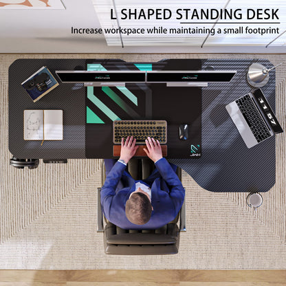JWX Dual Motor L Shaped Standing Desk 63”, Electric Height Adjustable Gaming Desk with Memory Presets, Child Lock, Sit Stand Reminder, Carbon Fiber Desktop, Cable Management, Cup Holder