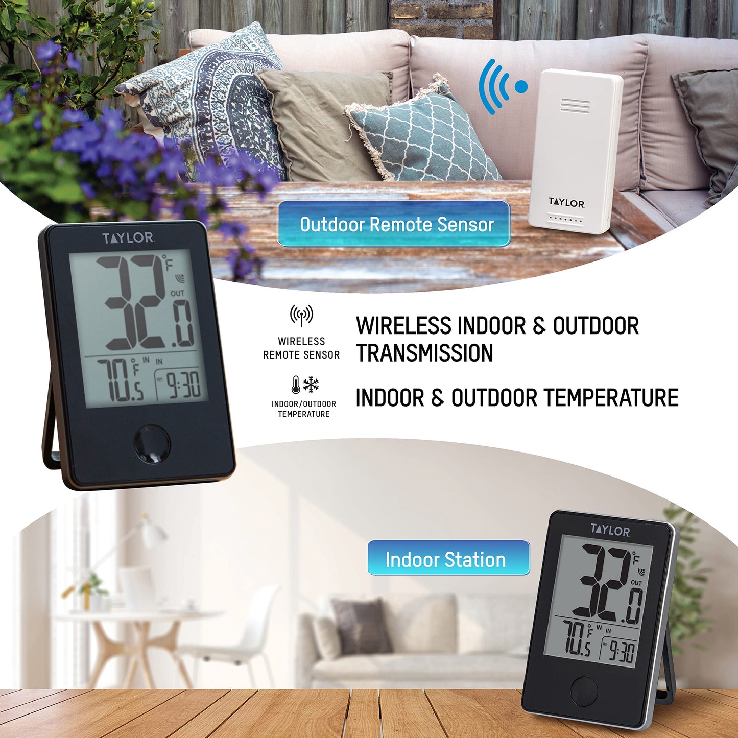 Taylor Wireless Digital Indoor Outdoor Thermometer, Easy to Read Numbers for Patio, Pool, and Indoor Areas, LCD, Black