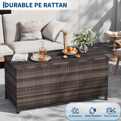 125 Gallon Large Deck Box Waterproof PE Rattan Outdoor Storage Box with Handles and Wheels, Storage Bin for Garden, Balcony, Porch, Pool, Yard