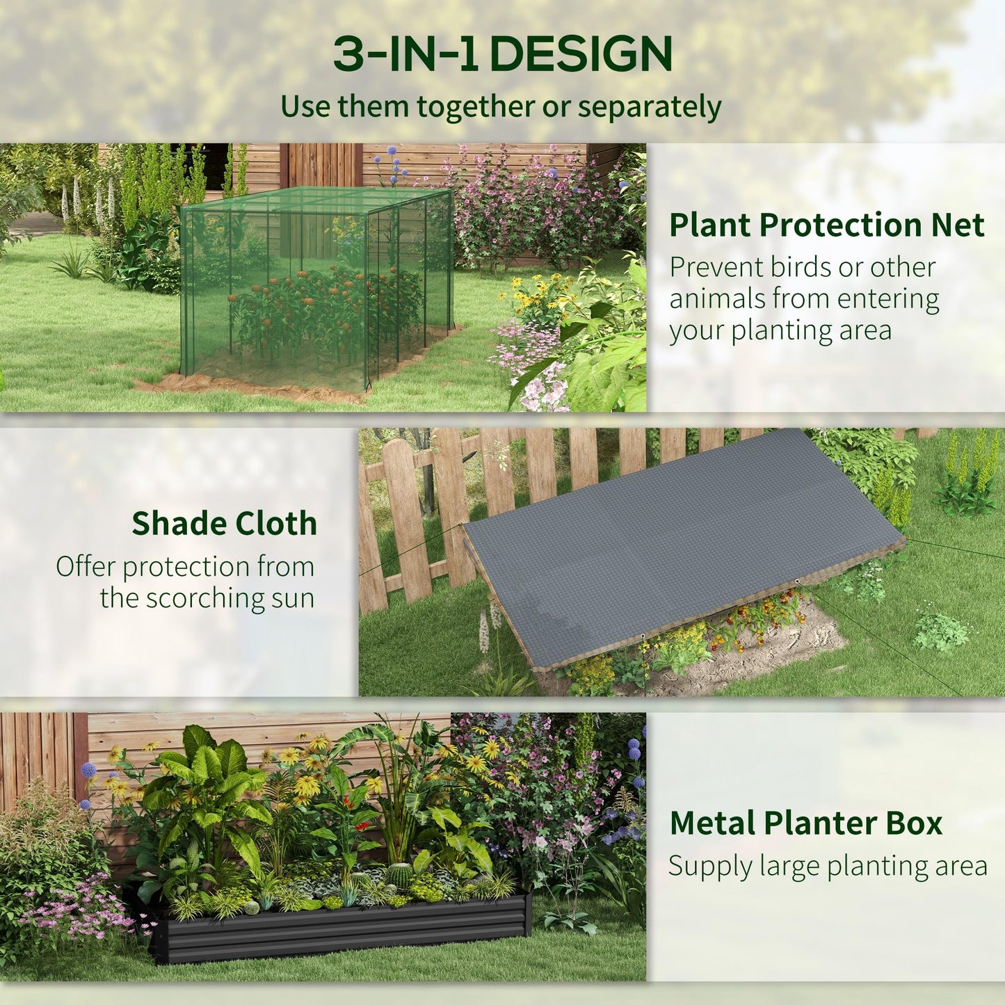 Outsunny 7.3 x 3.4 x 1 ft Galvanized Raised Garden Bed with Crop Cage Plant Protection Net and Shade Cloth Roof, Metal Planter Box with Cover for Vegetables, Flowers, Herbs, Dark Gray