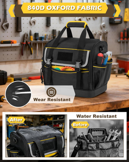 Trahzia 12-Inch Tool Bag with Hard Bottom, Electrician Tool Box Organizer with Detachable Divider, Multi-Purpose Work Tote for Mechanics, Carpenters, Plumbers, Black