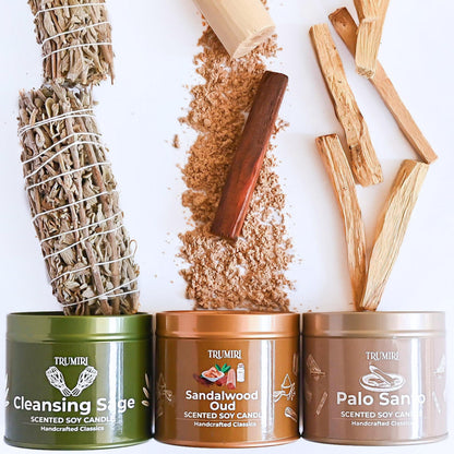 Cleansing Sage, Palo Santo, Sandalwood Oud - Soy Candles Non Toxic - Highly Scented Long Lasting with Essential Oils - Variety Pack of 3 x 5oz - for Home Aromatherapy Meditation Gift Travel