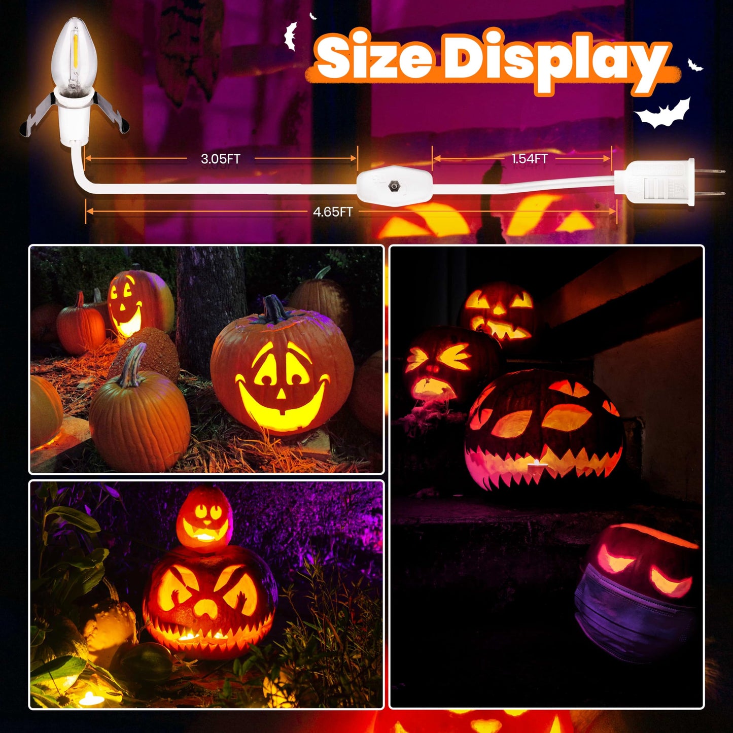 OHLGT 2 Sets Accessory Cord with 2 LED C7 Light Bulb, 5Ft Salt Lamp Cord Replacement with On/Off Switch Plugs E12 Socket for Halloween Pumpkin, Christmas Village House, Holiday Decorations and Crafts