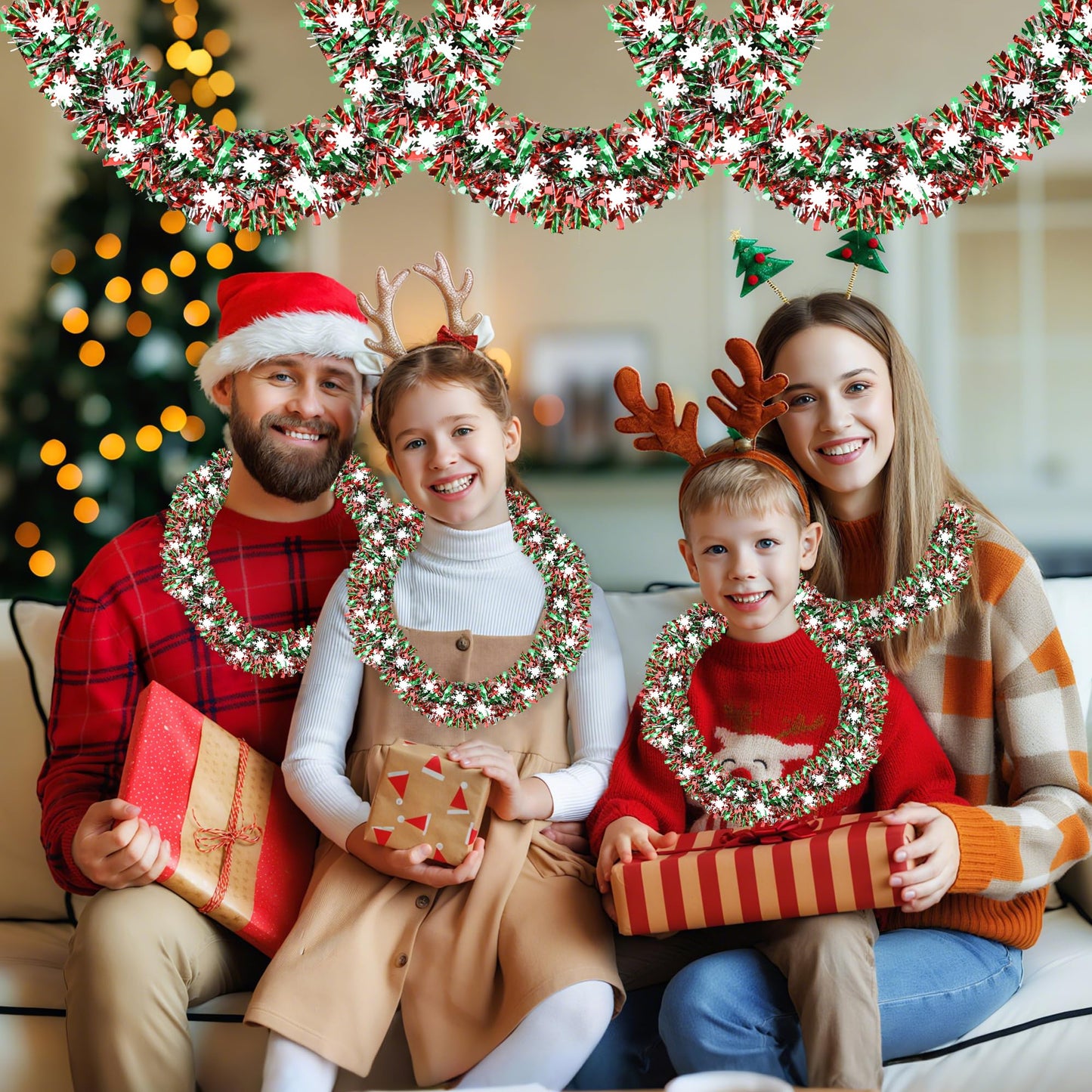 50 FT Christmas Decorations, Christmas Tinsel Garland with Snowflake Shiny Metallic Twist Red Green Silver Christmas Garland for Home Tree Mantle Stairs Indoor Outdoor Xmas Party Decorations