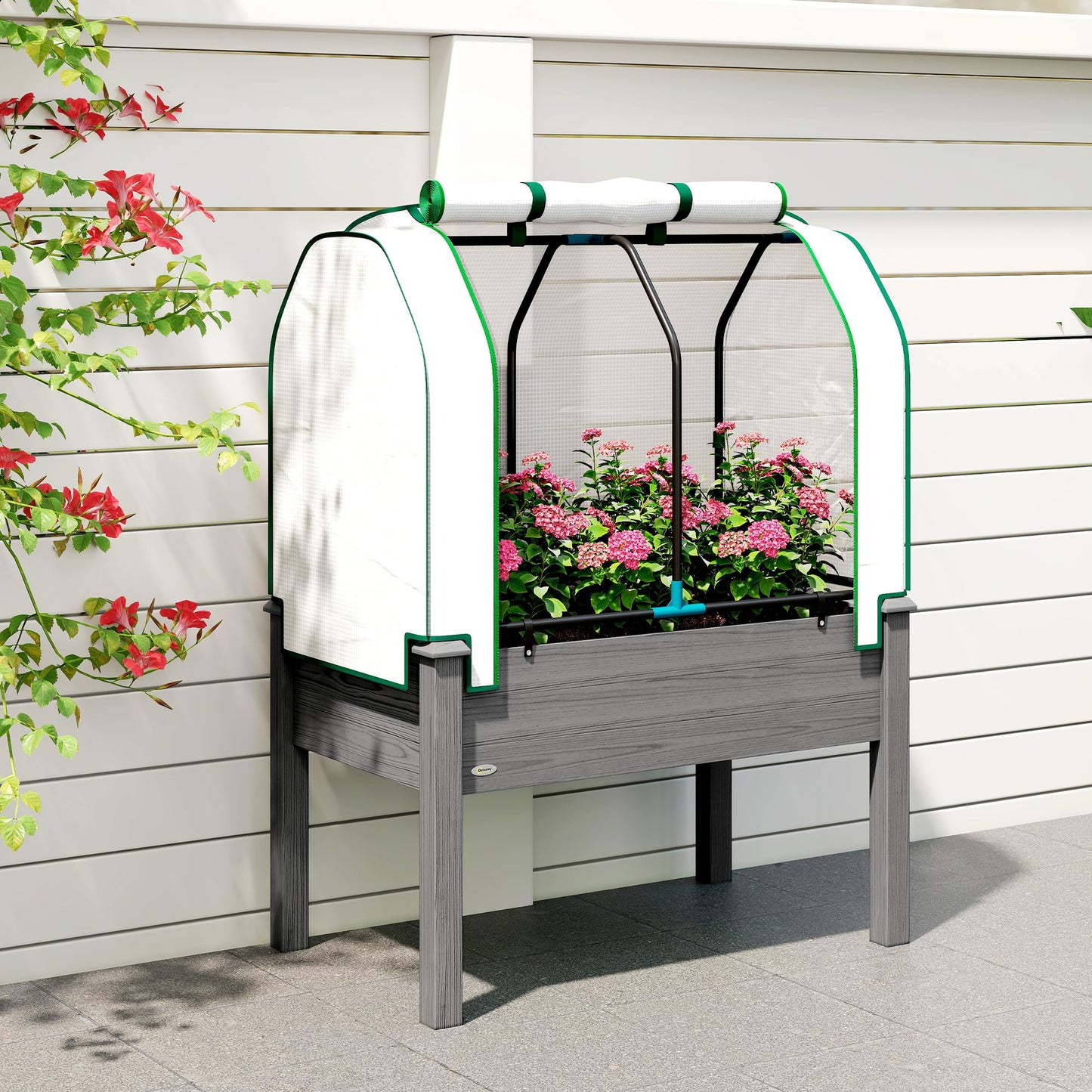 Outsunny Raised Garden Bed with PE Greenhouse Cover Outdoor Elevated Wood Planter Box for Herbs and Vegetables, Use for Patio, Backyard, Balcony, 35 x 22 x 47 inch, Dark Gray
