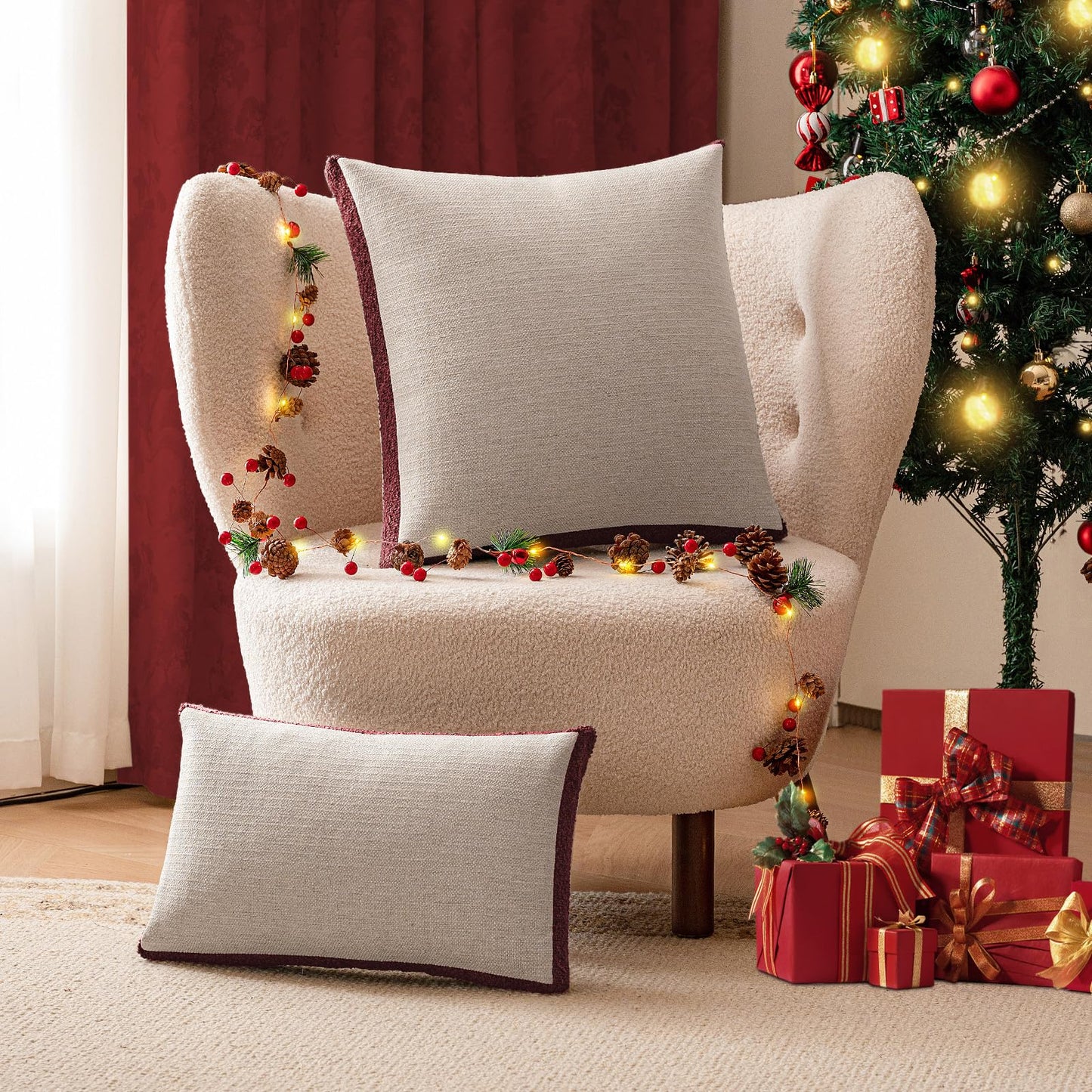a moment Christmas Red Loop Yarn Linen-Like Pillow Cover Natural Soft Decorative Throw Pillow Case Farmhouse 18x18 Inch, Bohemian Textured Cushion Cover for Sofa Bed, Wrinkle-Resistant Home Decor