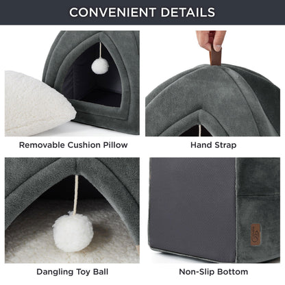 Bedsure Cat Cave Bed Indoor - Flannel Hooded Cat Igloo House, 40x40x40cm Enclosed Foldable Pet Bed with Removable Washable Cushion Pillow, Dark Grey