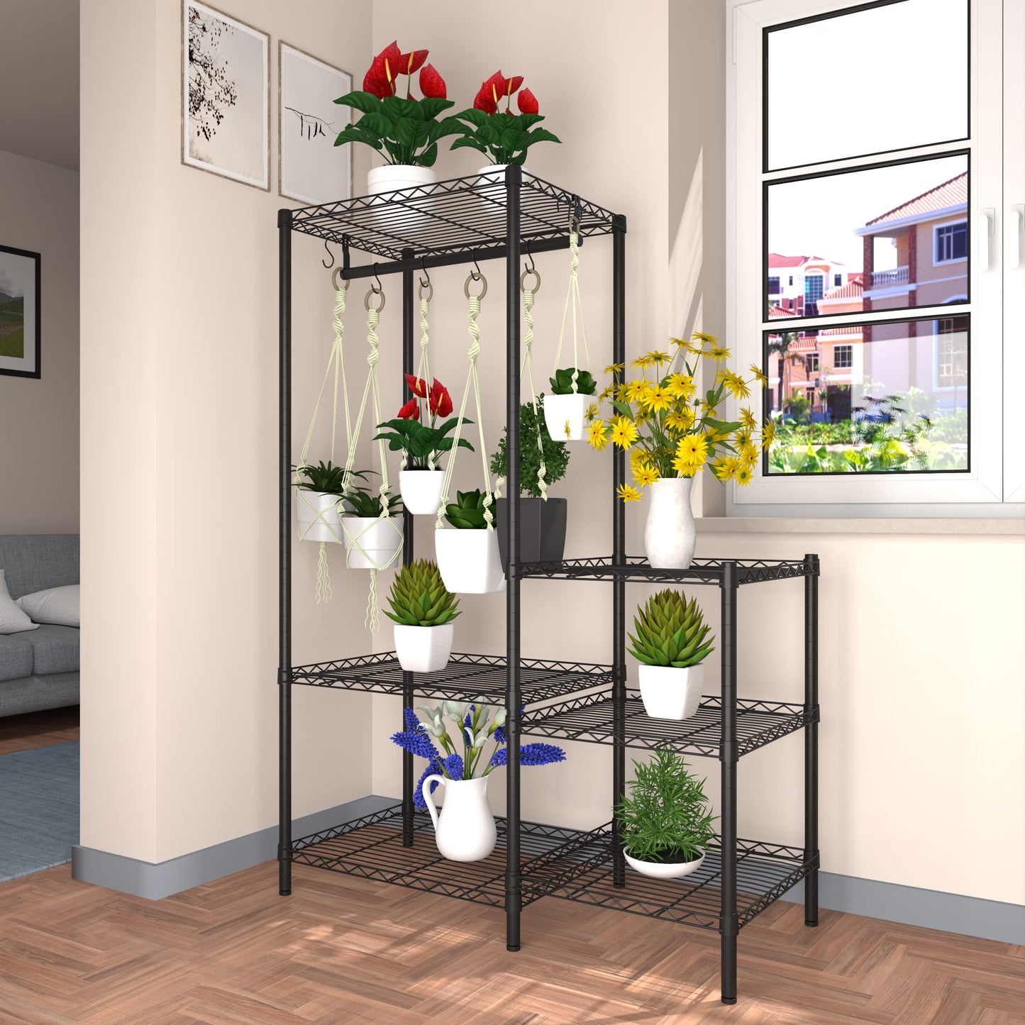 Xiofio 6-Tier Plant Stand for Indoor Outdoor,Metal Plant Shelf,Adjustable Plant Stand Suitable for Bedroom Living Room Balcony Garden,Black