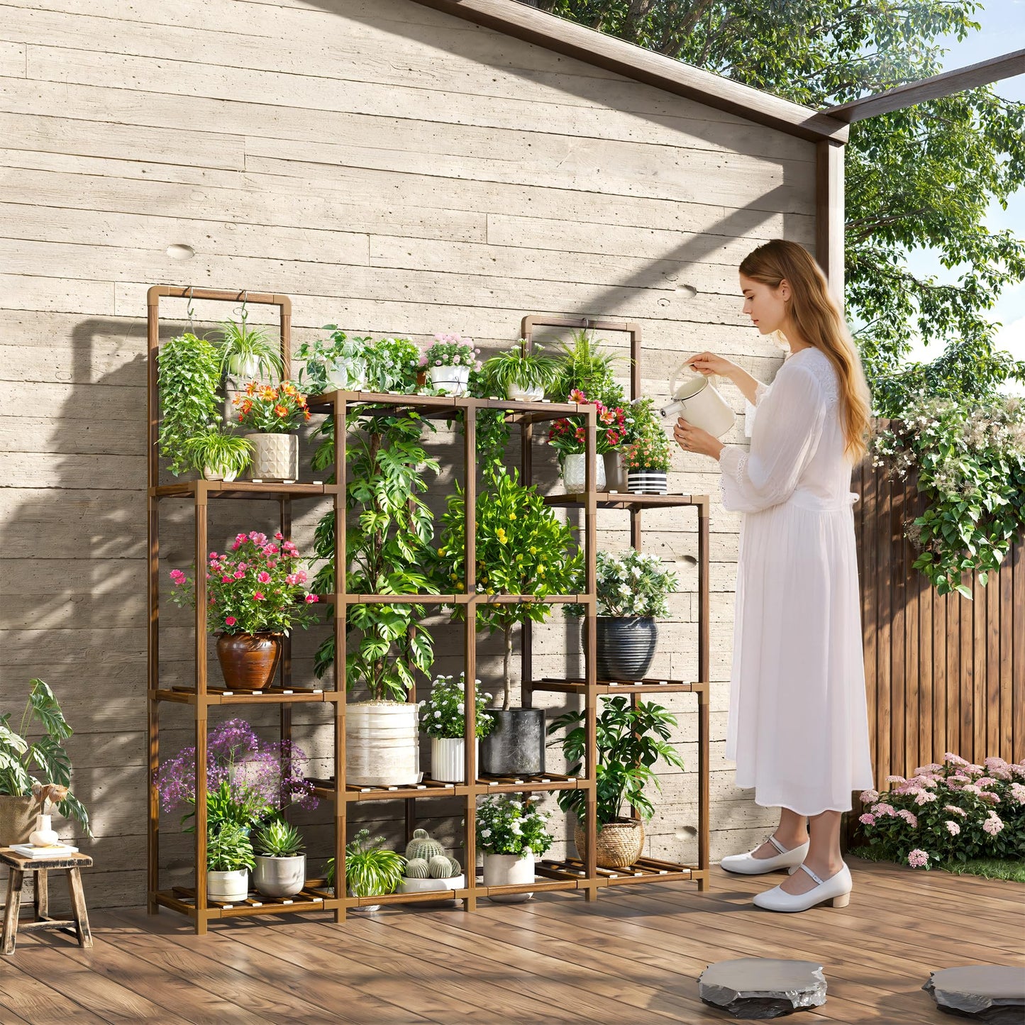 EnHomee Plant Stand Indoor Tall Plant Stand Outdoor Large Wood Plants Shelf with 12-14 Pots for Patio, Living Room, Garden, Balcony, 44.8" Wx47.2 Hx11.78 D