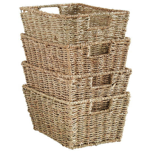 VonHaus Seagrass Storage Baskets, Set of 4 Hand-Woven Display Hampers - Bathroom Storage Baskets for Shelves - Nesting Natural Woven Seagrass Organiser w/Handles for Bedroom & Home Office