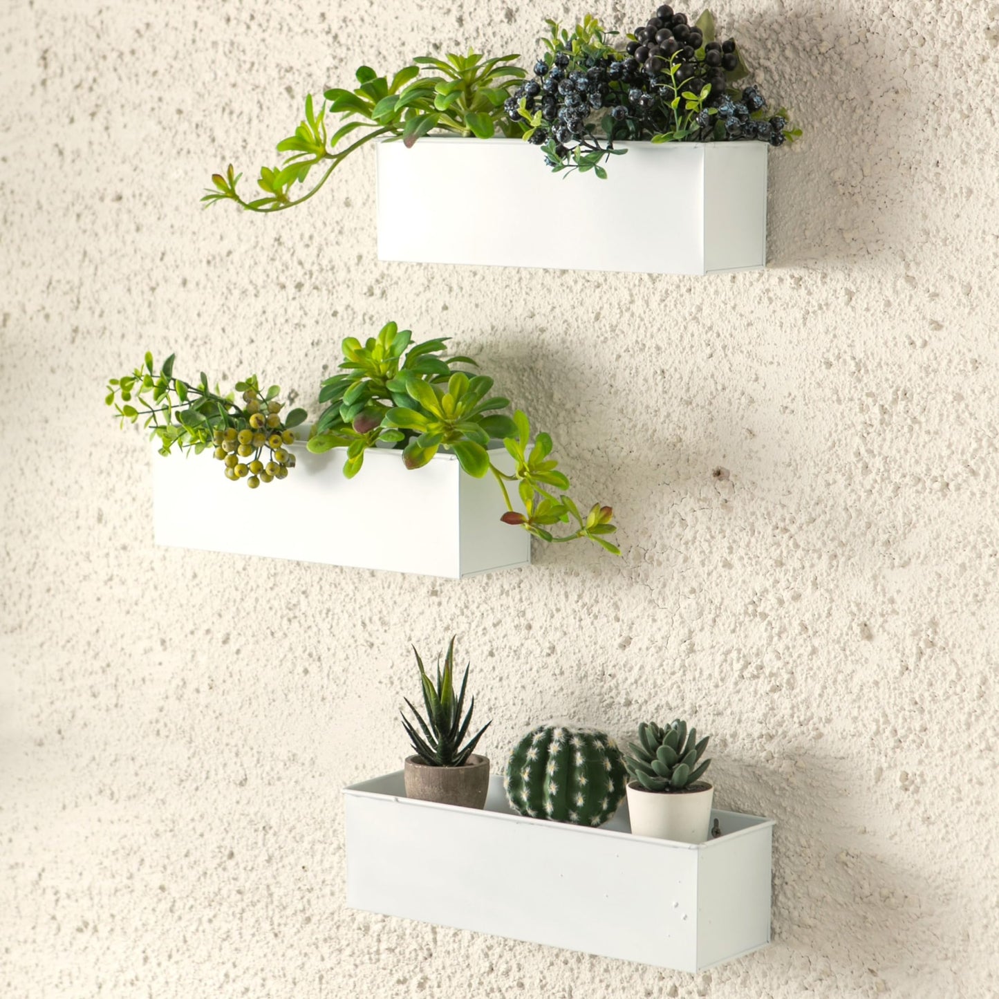 LaLaGreen Wall Planter (3 Pack, 14 Inch) Large Wall Mount Planters for Succulent White, Rectangular Metal Hanging Flower Pot, Long Window Boxes Fence Railings Rustic Floating Shelve Indoor Outdoor