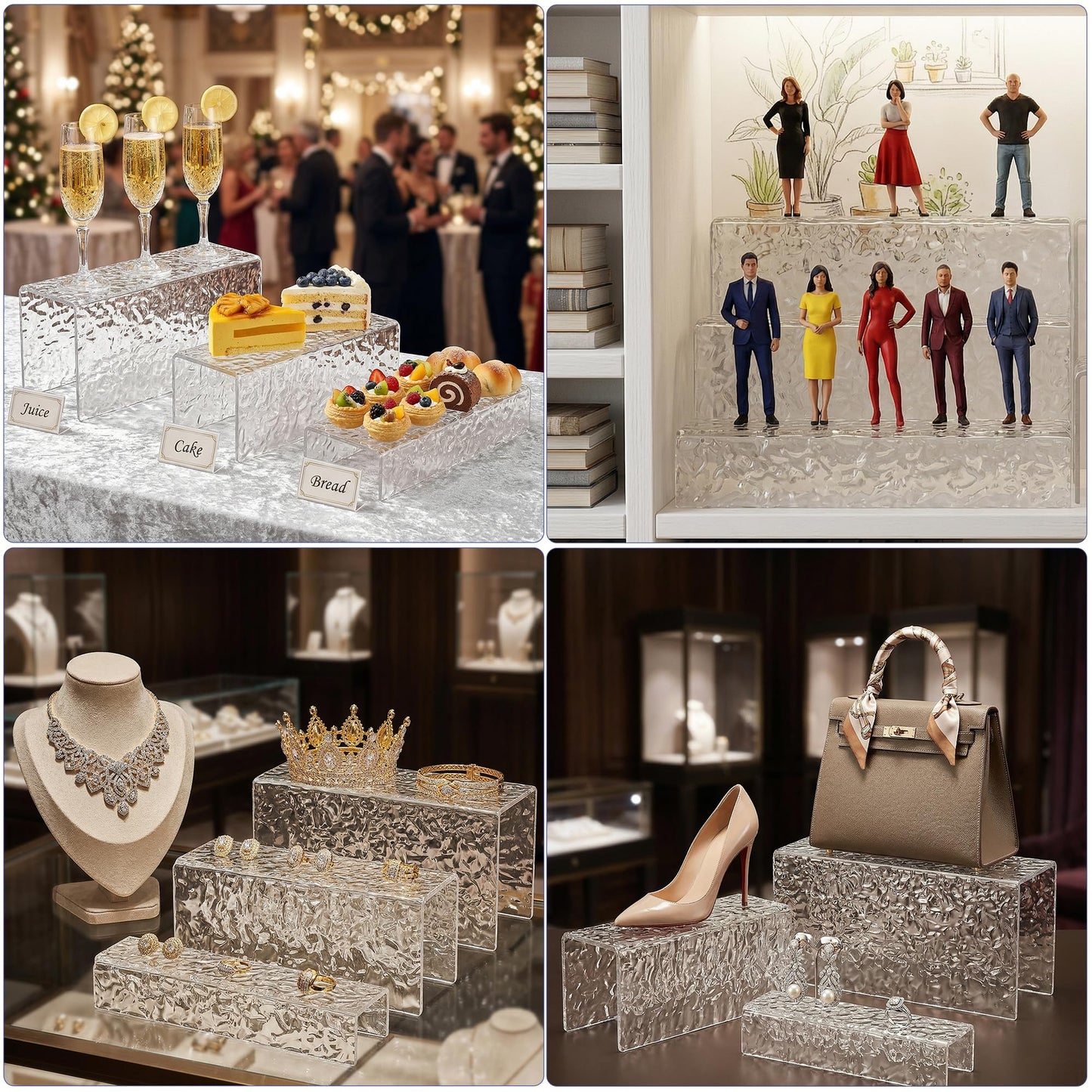 RICIPUSO 3 Pcs Clear Acrylic Display Stand with Crystal Texture, 4.5mm Thick Premium Acrylic Riser Set for Jewelry, Desserts, Handbags & Collectibles, Multi-Size Display Holder for Party & Home Decor