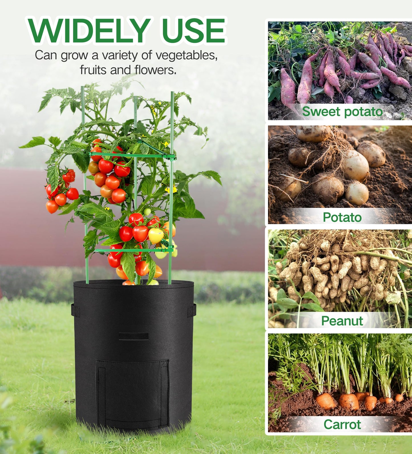 Moyios 6-Pack 15 Gallon Potato Grow Bags – Durable Nonwoven Fabric Planters with Reinforced Handles | Reusable Garden Containers for Potatoes, Vegetables (Black, 15 Gallons/6 Pack)