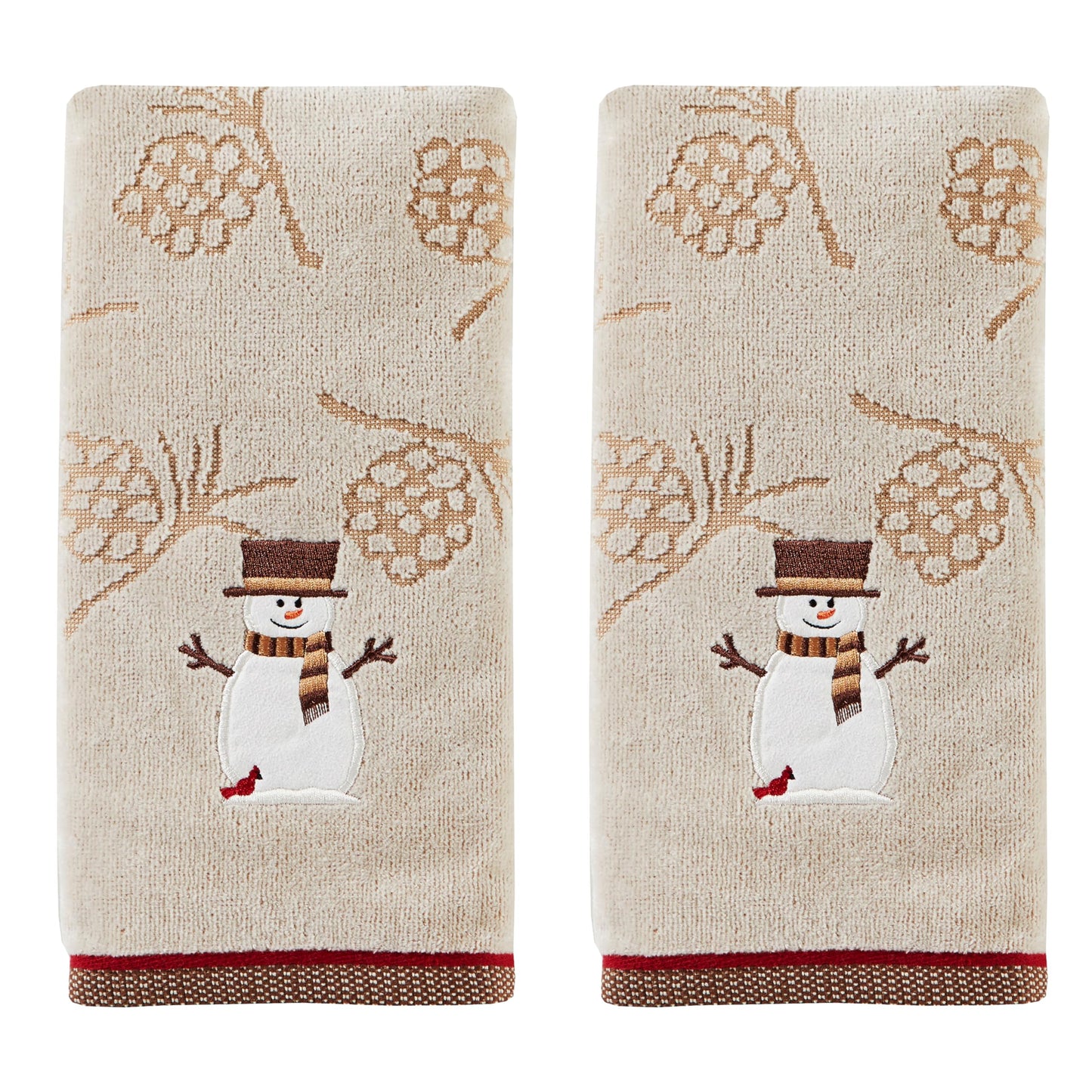 SKL Home Christmas/Winter Woodcut Snowman Hand Towel 2pc Set for Bath/Kitchen/Bar & Gift, Wheat