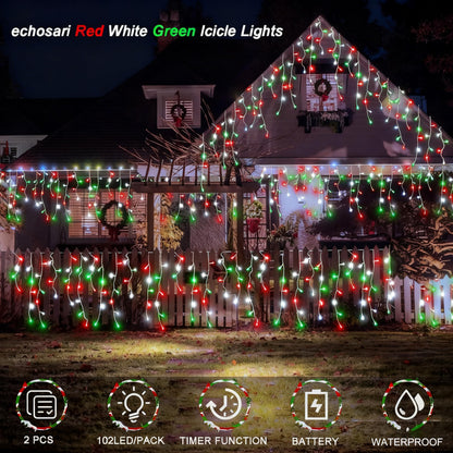 2 Pack Red White Green Christmas Icicle Lights Battery Operated, Total 204 LED Twinkle Icicle Lights 20Ft Clear Wire with 8 Lighting Modes Timer Function for Outdoor Indoor House Party Decoration