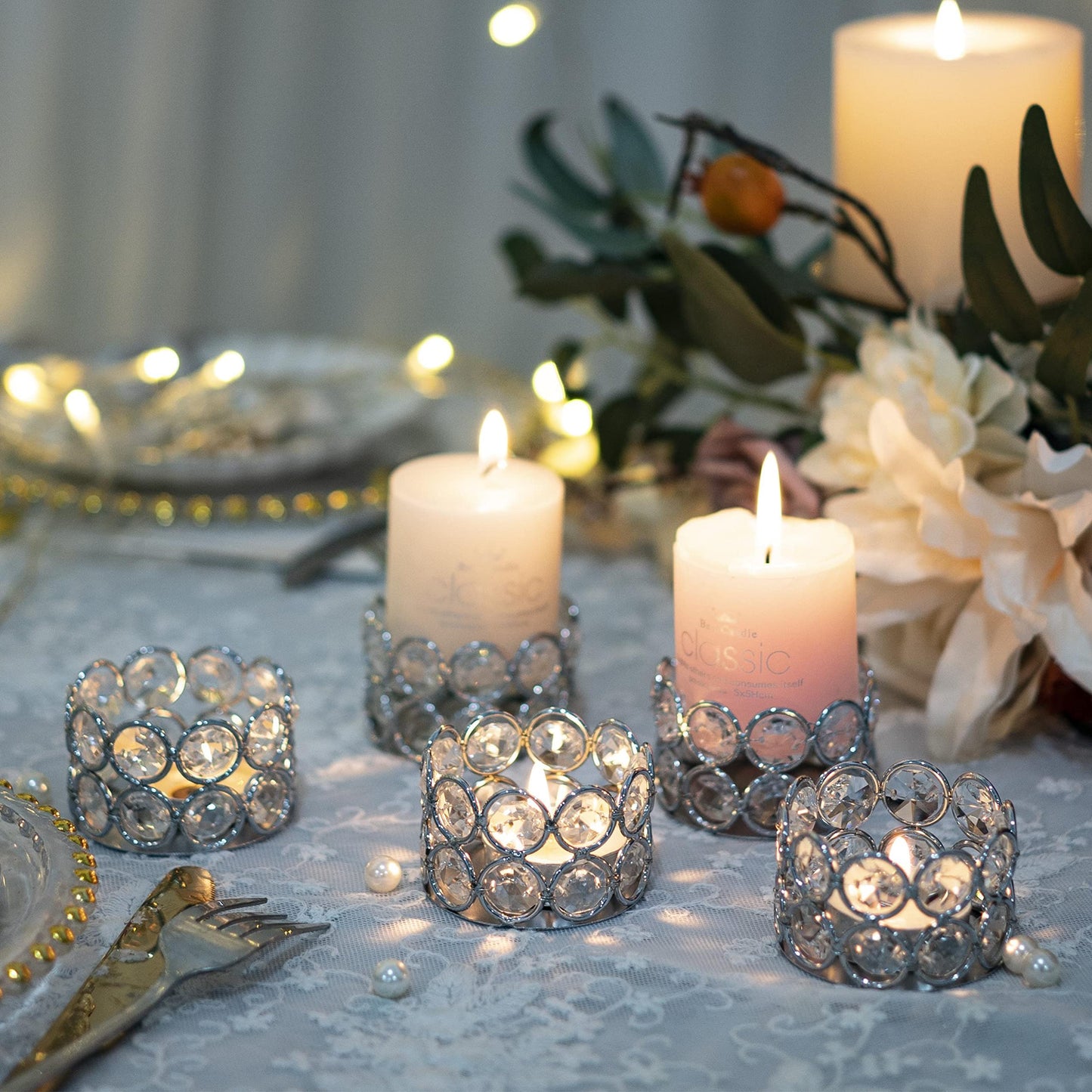 Pack of 20 Silver Crystal Tealight Candleholders - Candlestick Bowls Tea Lamp Candle Holders, Votive Candlestick Holders for Table Centerpieces, Diwali Decorations for Wedding Holiday Party Home Decor