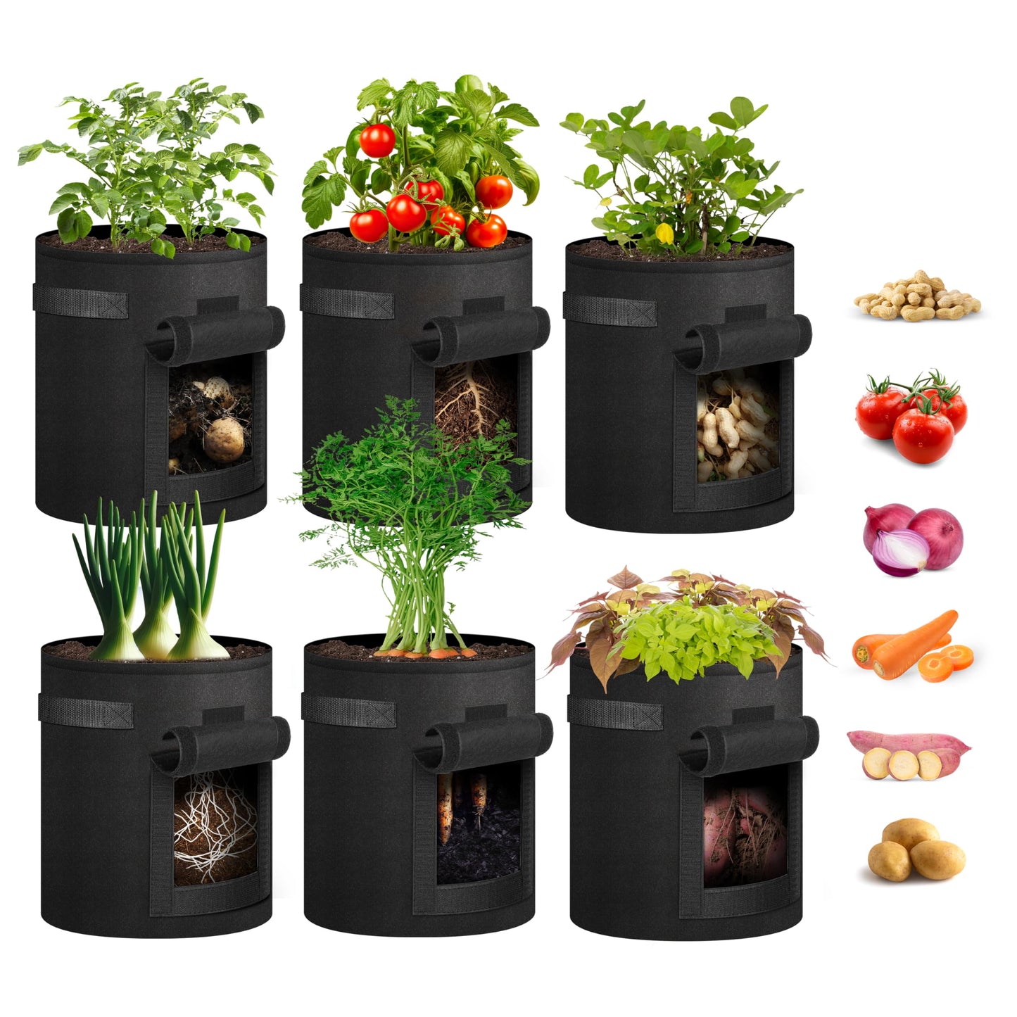 iPower Potato Grow Bags with Flap 7 Gallon 6 Pack, Garden Planting Pot with Durable Handle and Harvest Window, Thickened Nonwoven Fabric Container for Potato, Tomato, Carrot, Vegetable and Fruits