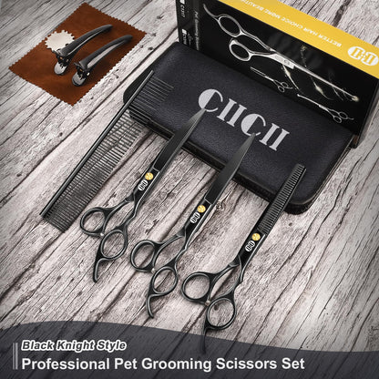 CIICII Dog Grooming Scissors Kit, 7.8 Inch Professional Pet Grooming Scissors Set (Dog/Cat Hair Thinning Trimming Cutting Shears) with Curved Scissor for DIY Home Salon (Heavy Duty-Black-9Pcs)
