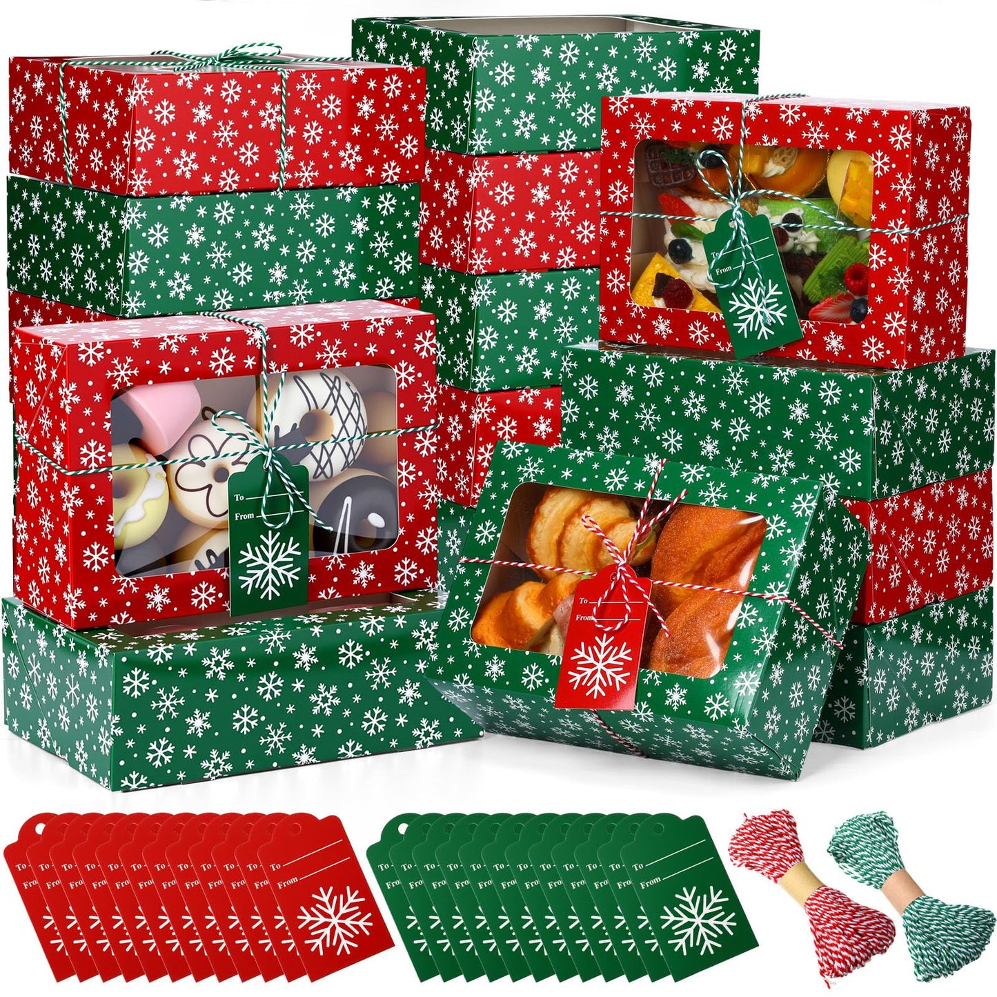 Glenmal 24 Pcs Christmas Cookie Boxes with Window 9 x 6 x 3 Inch Red Green Xmas Snowflakes Bakery Treat Container with Tag String for Holiday Gift Giving Pastries Candy Cupcake Dessert Party Supplies