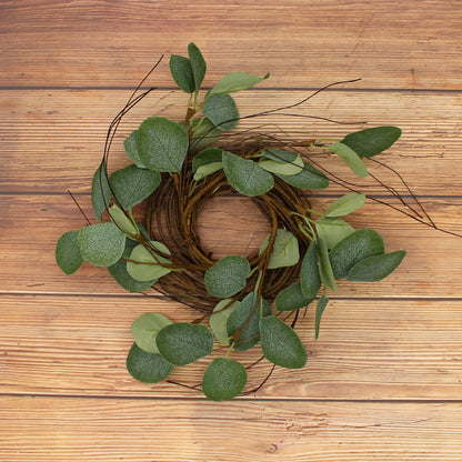 CVHOMEDECO. Rustic Country Artificial Eucalyptus Leaves and Twig Wreath, Year Round Full Green Wreath for Indoor or Outdoor Display, 9-Inch