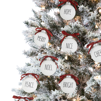 Buffalo Plaid Christmas Tree Ornaments - Set of 9 Shatterproof Bulbs - Farmhouse Word Ornaments - Compatible with Rae Dunn Rustic Decorations - Matte White Bulbs with Red & Black Buffalo Check Bows