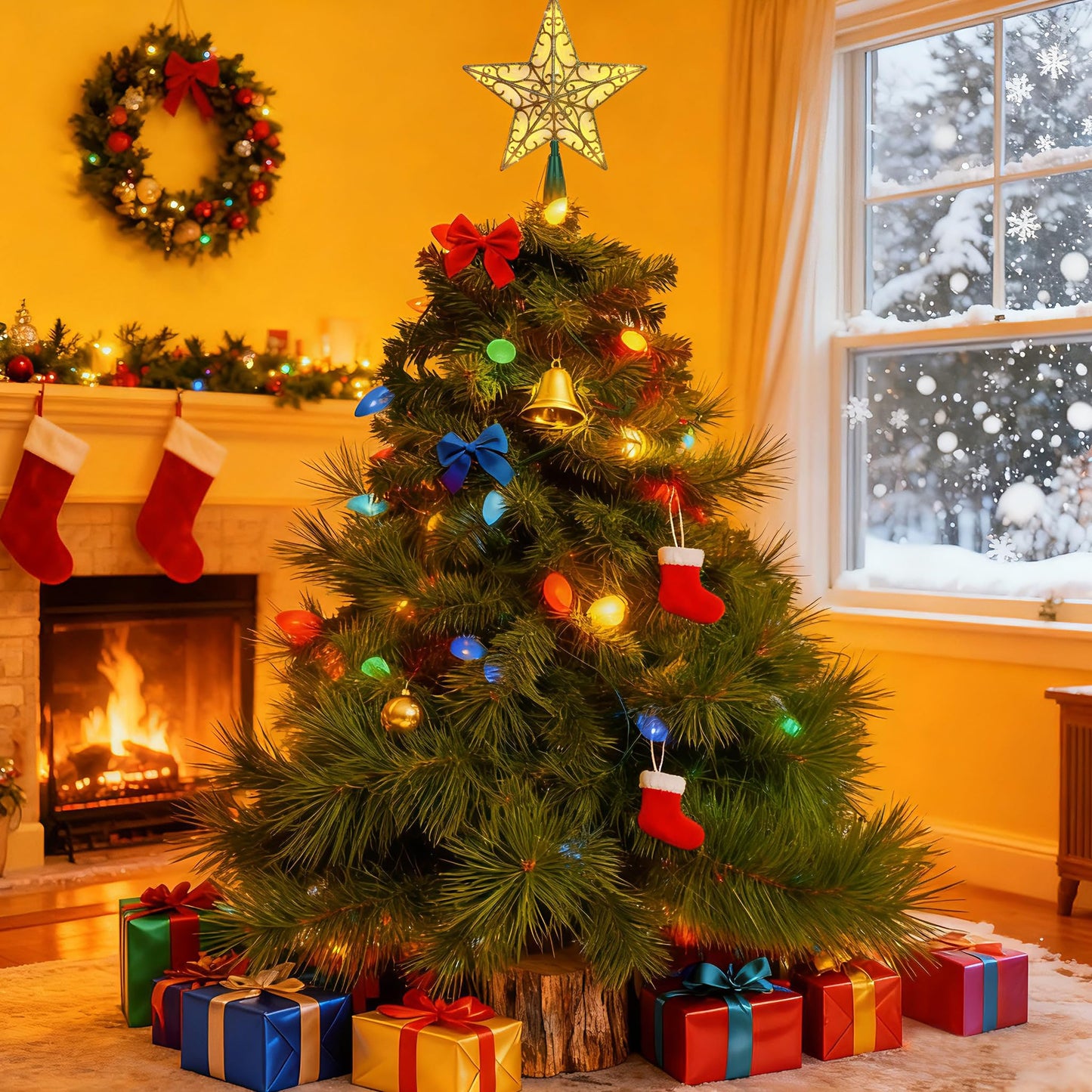 9.5” Gold 3D Dual-Side Christmas Star Tree Topper - Warm White LED Light, Festive Holiday Home Christmas Decor