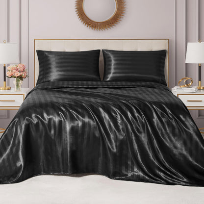Juicy Couture Silky Satin Damask Sheet Set - Luxury Black Bedding - Smooth Striped Sheets - Full Size