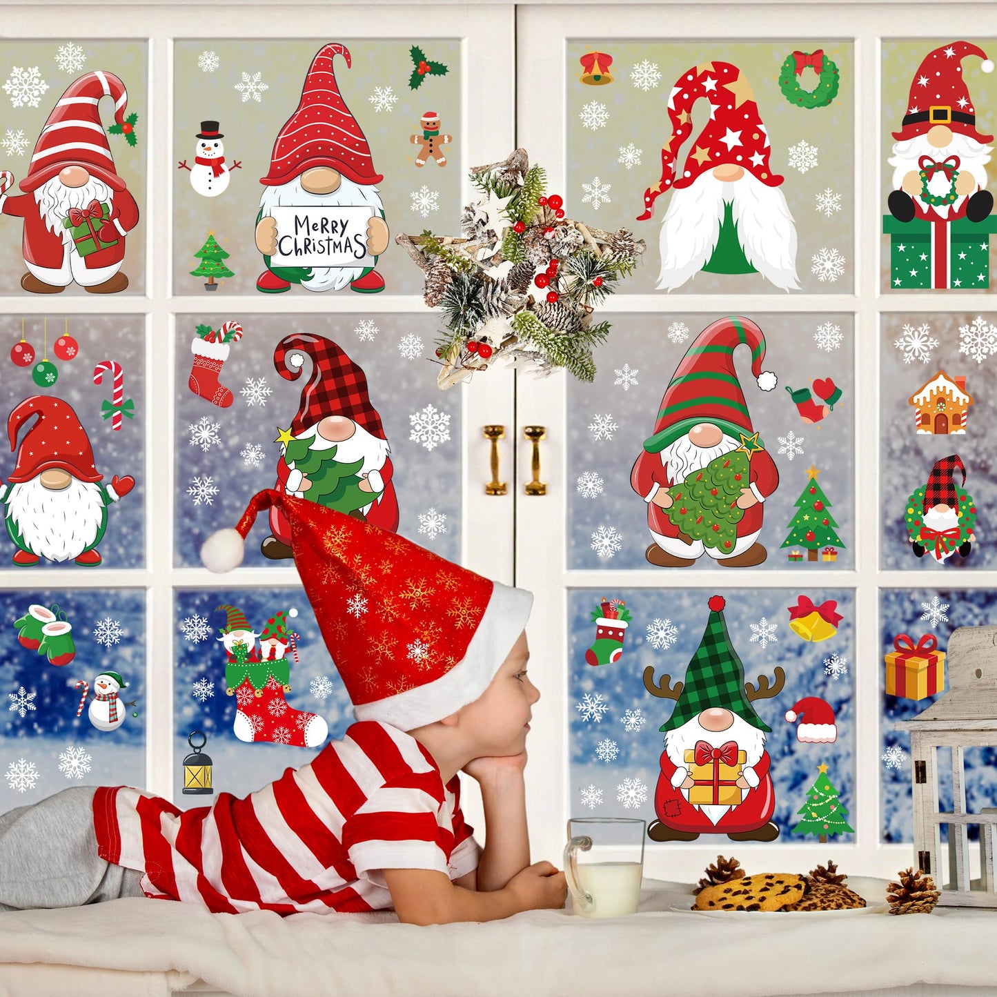 79 PCS Christmas Window Clings, Christmas Decorations, 9 Sheets Snowflake Xmas Window Decals Stickers for Glass, Cute Elf Decals for Ugly Sweater Party Decor Accessories Photo Booth Props