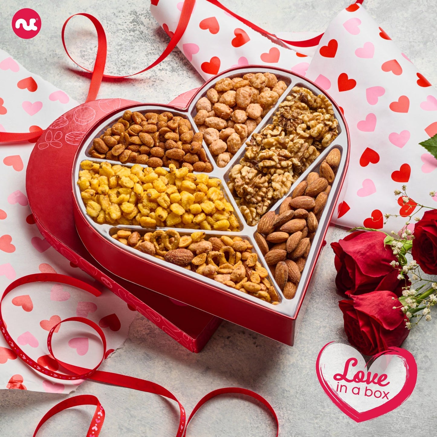 NUT CRAVINGS - Valentines Day Mixed Nuts Heart Shaped Gift Basket, Love in A Box (6 Assortments, 2 LB) Romantic Food Arrangement, Healthy Snack Care Package, Food Assortments