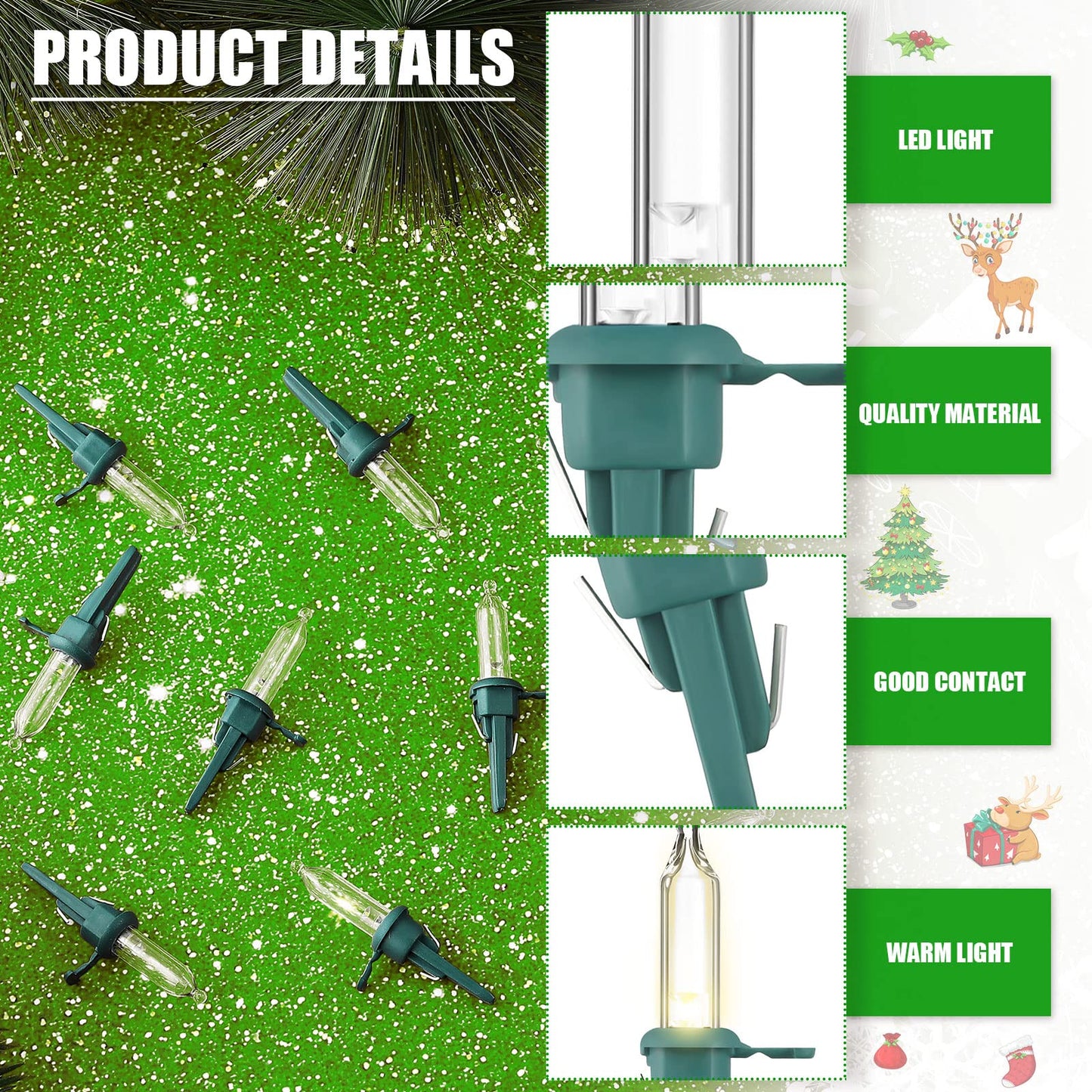 Riakrum 150 Pcs Christmas Replacement Mini Light Bulb 3 Volt 0.06 Watt Christmas Tree LED Light Bulbs Warm White Xmas Lights with Green Base for Party Holiday Indoor Outdoor Supplies