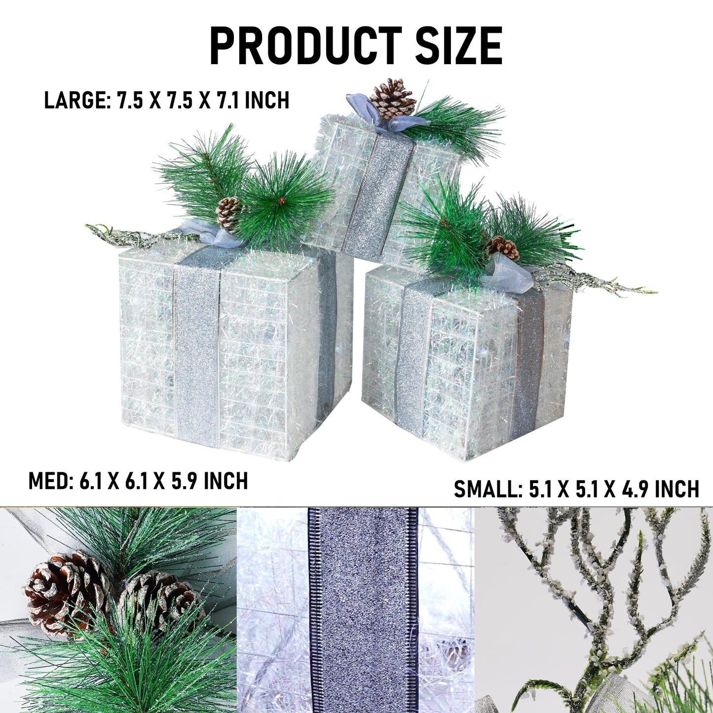 Hourleey Set of 3 Christmas Lighted Gift Boxes, Pre-lit 60 LED Light Up Present Boxes Ornament Outdoor White Tinsel Boxes Decoration for Indoor Christmas Home Yard Lawn Decor