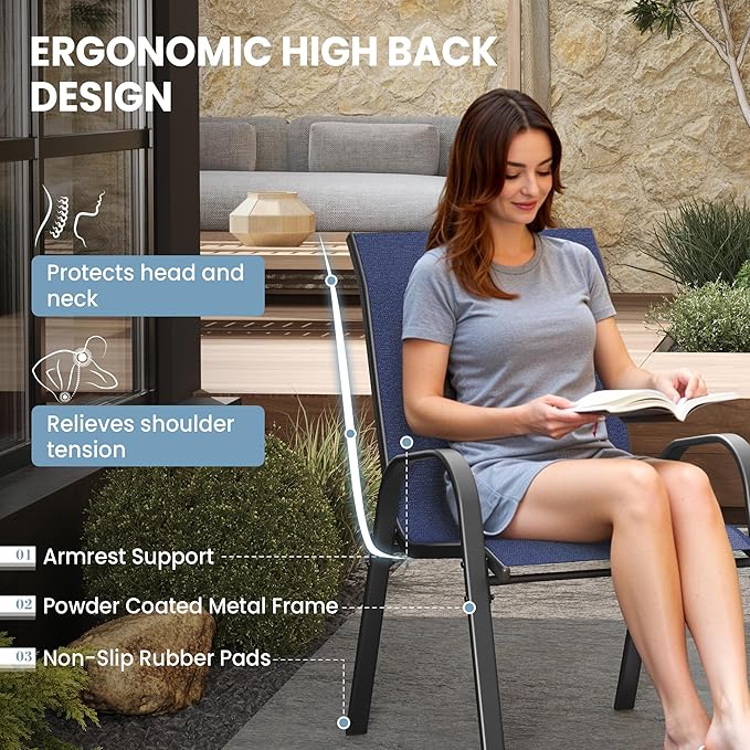 Patio Dining Chairs Set of 4, Outdoor Stackable Dining Chairs High Back for All Weather, Patio Furniture for Backyard, Porch, Garden, Pool Deck (Blue)