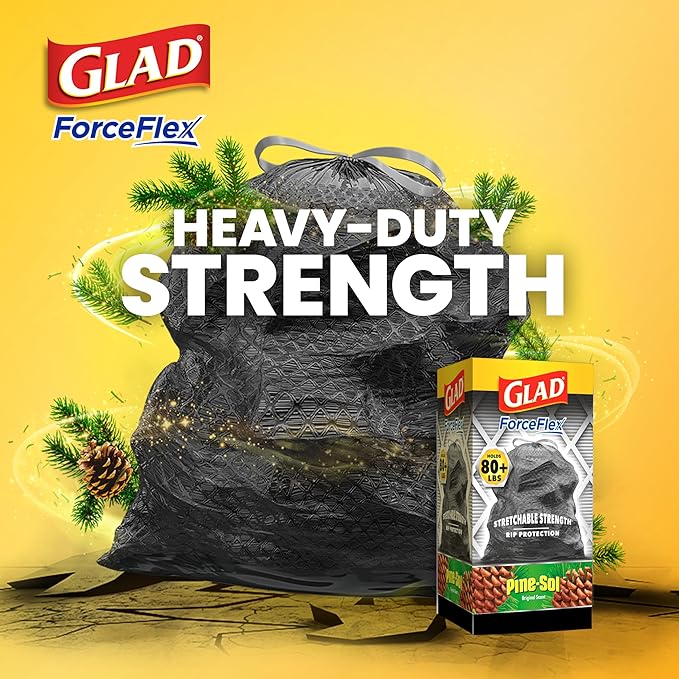 Glad Large 30 Gallon Trash Bags, Pine-Sol Heavy Duty Garbage Bags, Forceflex