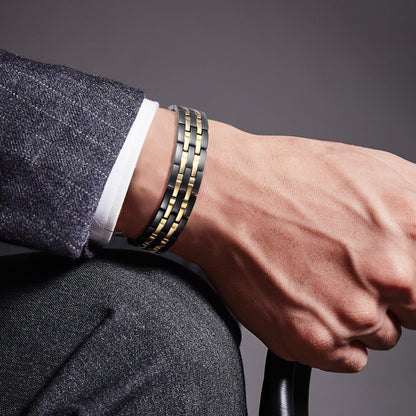 JFUME Magnetic Bracelets for Men 18k Gold Plating and PVD Black Stainless Steel with Link Removal Tool 8.5" Adjustable