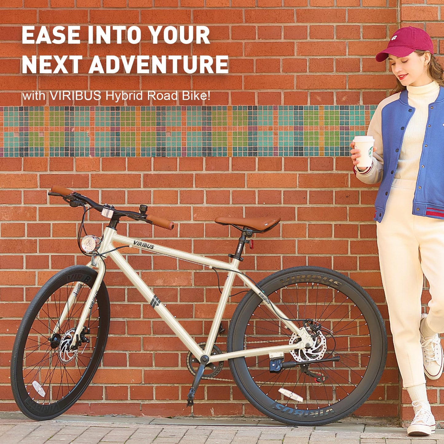 VIRIBUS Hybrid Bikes, 28 inch Mens Bike with Lightweight Aluminum Frame & Disc Brakes, 700C Bikes for Tall Men, 7 Speed Vintage Retro Hybrid Bicycles for City Commuters, Mens Road Bike Cream