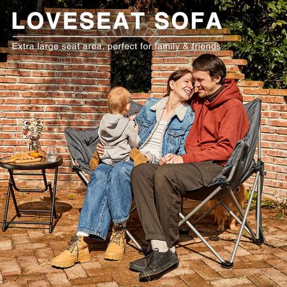 EVER ADVANCED Double Camping Chair for Adults, Padded Folding Camping Love Seat Bench with Side Pocket Portable Camping Couch, Two Person Heavy Duty Folding Outdoor Chair with Cushion,Support 600lbs
