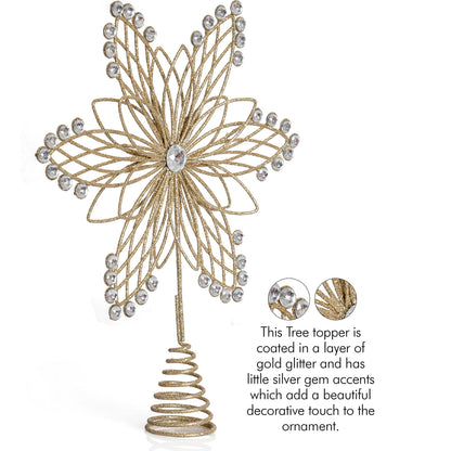 Ornativity Jewel Flower Tree Topper - Gold Glitter Sparkling Metal Wire Star Flower Topper with Sparkly Gem Jewel Finish Holiday Christmas Tree Top Decor Xmas Ornament Decoration