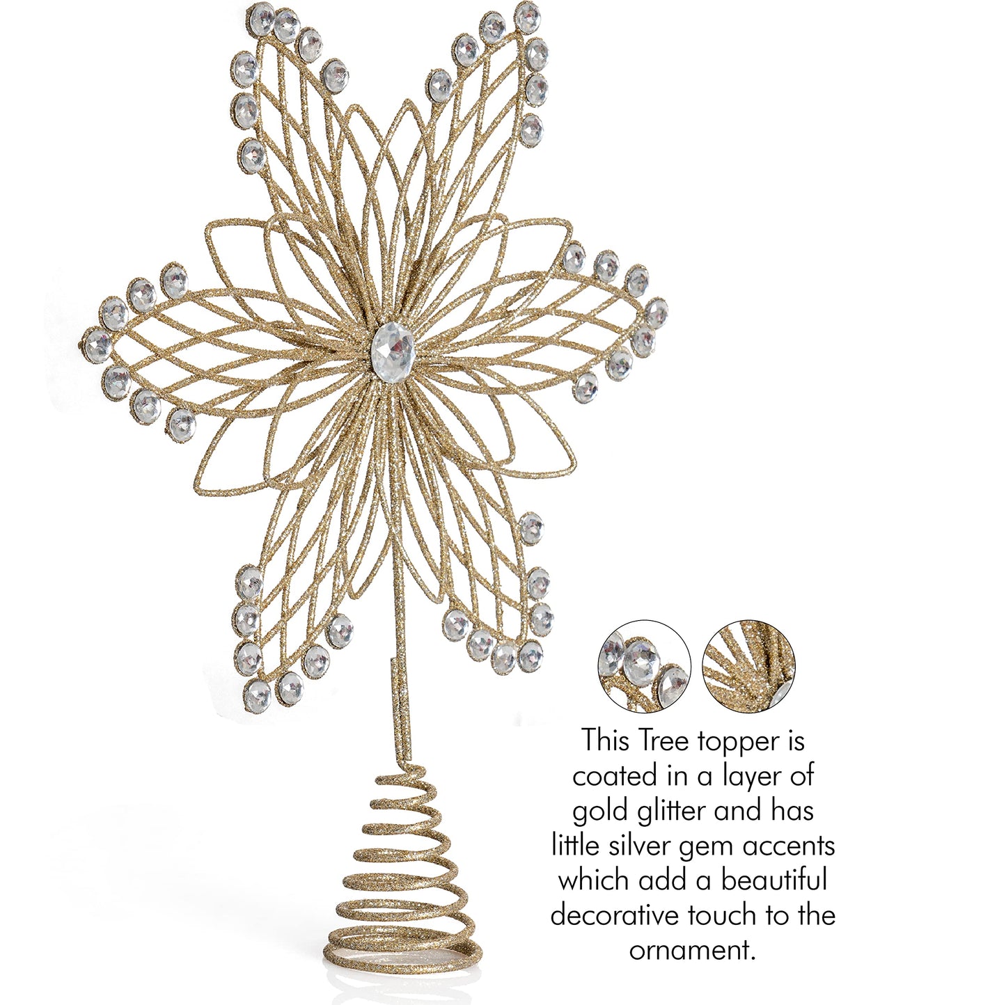 Ornativity Jewel Flower Tree Topper - Gold Glitter Sparkling Metal Wire Star Flower Topper with Sparkly Gem Jewel Finish Holiday Christmas Tree Top Decor Xmas Ornament Decoration