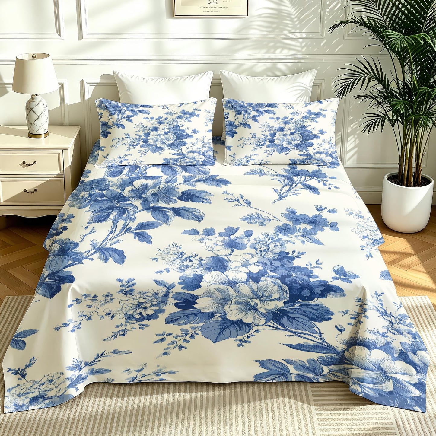 Blue and White Floral Queen Sheet Set 4 Pcs Chinoiserie Bed Sheets