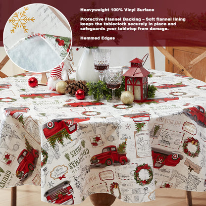 Newbridge Farm Fresh Christmas Tree Vinyl Tablecloth with Flannel Backing, Vintage Retro Holiday Print, Wipe Clean, 70 Inch Round