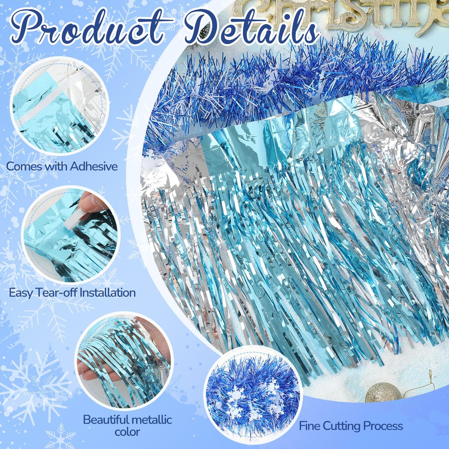 Crowye Christmas Parade Float Decorations Kit Included 9.85 feet Metallic Foil Fringe Curtains 9.85 ft Tinsel Garlands for Christmas Trailer Party Holiday(Blue, Silver,157.48 ft,Snowflake)