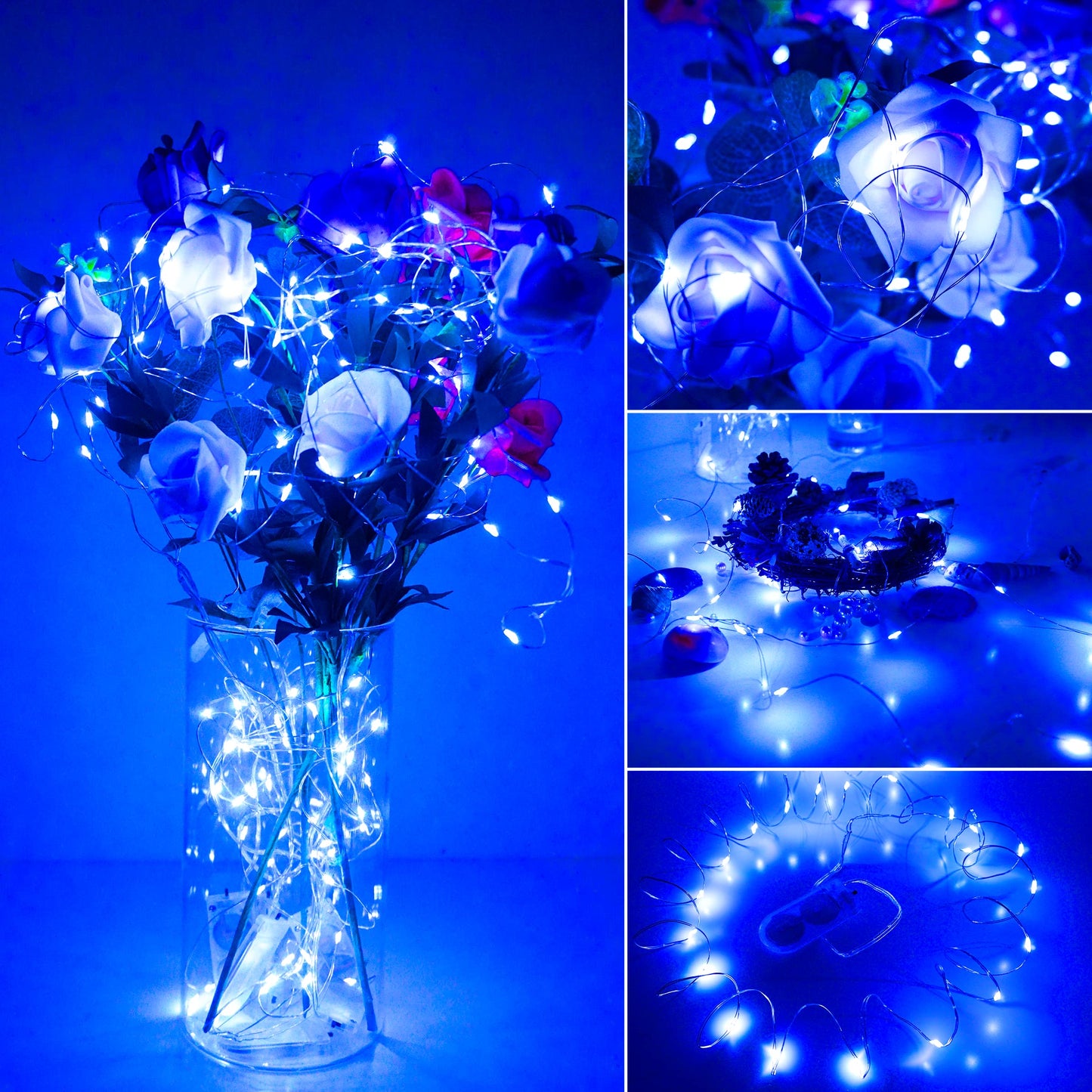 SunKite 16 Packs 20 LED Blue Fairy String Lights Battery Operated Waterproof 6.6 Feet Silver Copper Wire Firefly Starry Moon Lights for DIY Bottle Costume Wedding Party Bedroom Table Decor