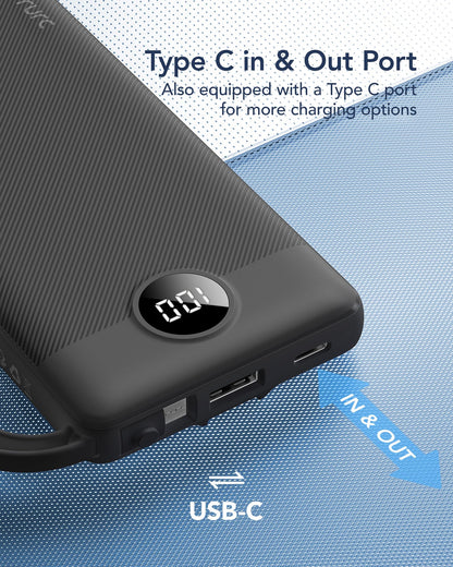 VRURC Portable Charger with Built in Cables, Slim Power Bank 10000mAh, USB C Battery Pack Travel Essential, 5 Outputs 2 Inputs Phone Charging Bank for iPhone 16 15 14 13,Samsung,Android-Black(1 Pack)